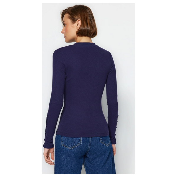 Trendyolmilla Buttoned Corduroy Stand-Up Collar Cotton Flexible Knitted Blouse - Navy Blue
