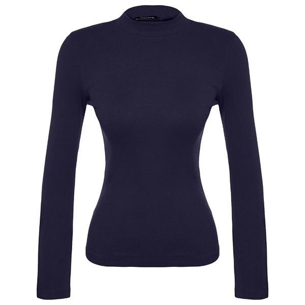 Trendyolmilla Buttoned Corduroy Stand-Up Collar Cotton Flexible Knitted Blouse - Navy Blue