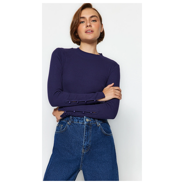 Trendyolmilla Buttoned Corduroy Stand-Up Collar Cotton Flexible Knitted Blouse - Navy Blue
