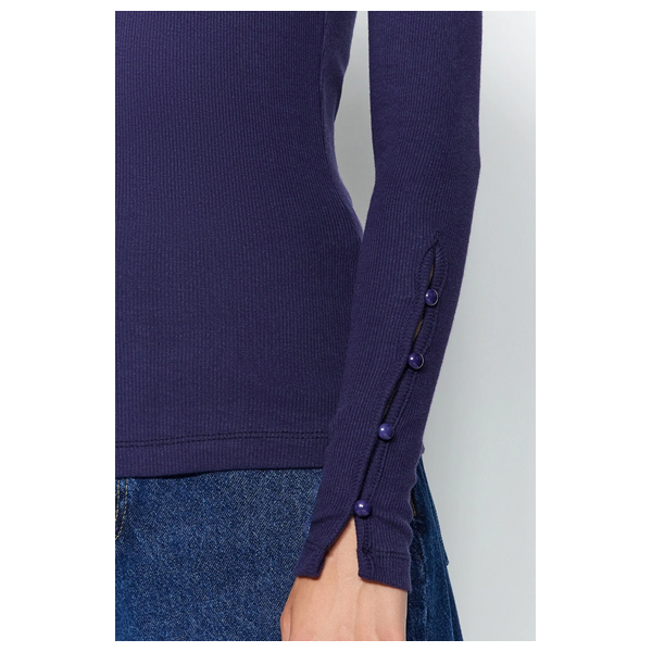 Trendyolmilla Buttoned Corduroy Stand-Up Collar Cotton Flexible Knitted Blouse - Navy Blue