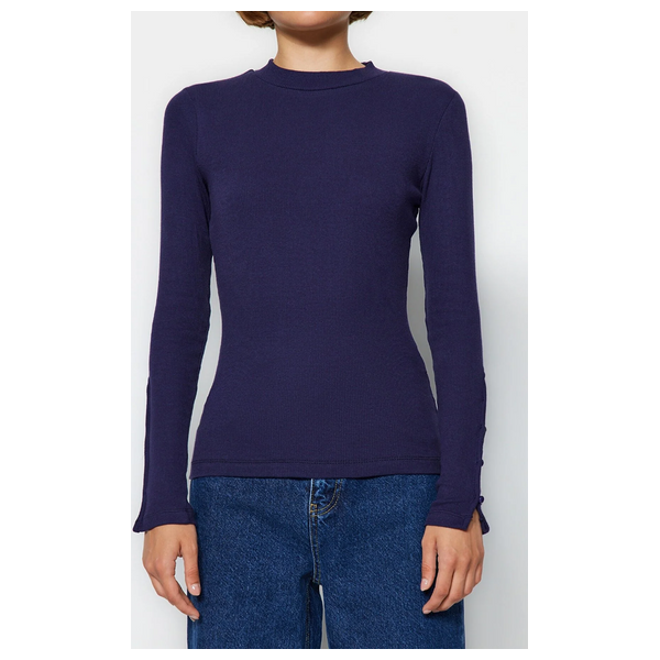 Trendyolmilla Buttoned Corduroy Stand-Up Collar Cotton Flexible Knitted Blouse - Navy Blue