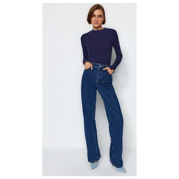 Trendyolmilla Buttoned Corduroy Stand-Up Collar Cotton Flexible Knitted Blouse - Navy Blue