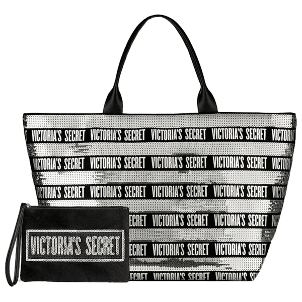 Victoria secret black and silver tote discount