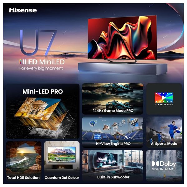 شاشة هايسنس 65-انج فئة U7N - سمارت - 4K - Mini LED - إصدار 2024 - 144 هيرتز