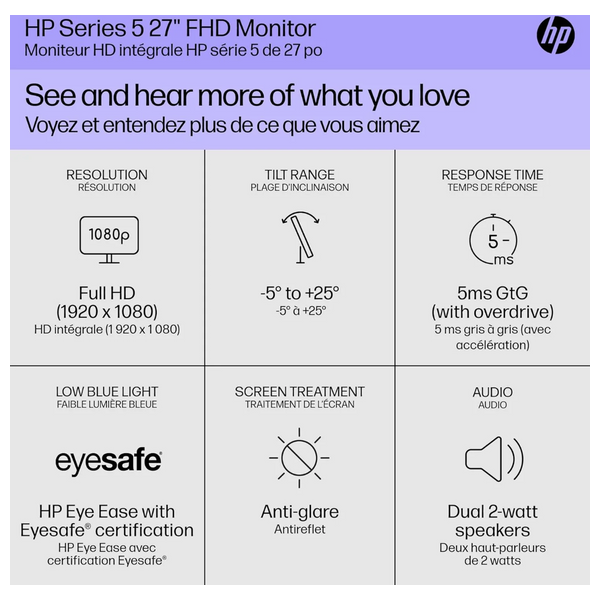  HP 27-Inch Series 5 527SA - Flat Monitor - 100Hz - 5ms Response Time - FHD 