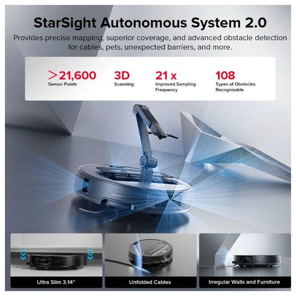 مكنسة روبوت روبوروك StarSight S22 - قوة الشفط  22000 باسكال - ذراع ذكي Omnigrip - اسود