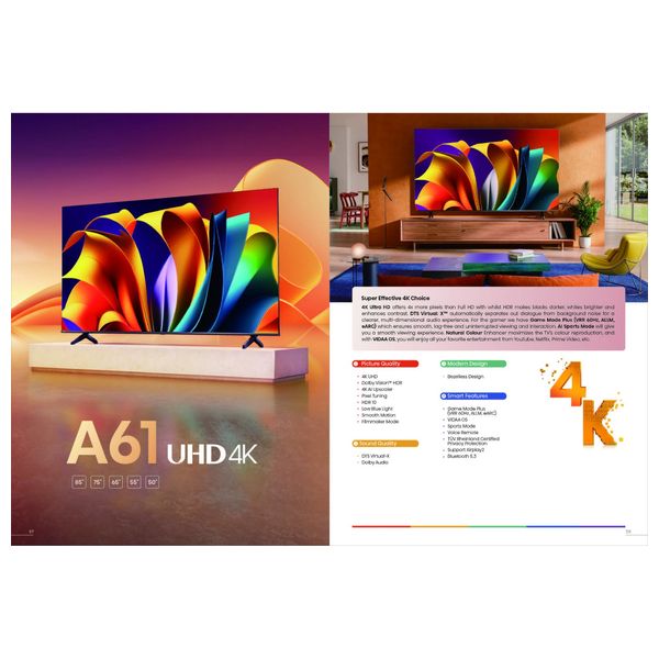  شاشة هايسنس 65-انج فئة A61N - سمارت - 4K - LED - إصدار 2024 - 60 هيرتز + شاشة هايسنس 32-انج فئة A4N - سمارت - HD - LED - إصدار 2024 
