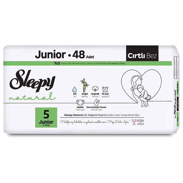 Sleepy Baby Diapers - Size 5 Junior - with Bamboo Extract and Organic Cotton - 48 Diapers