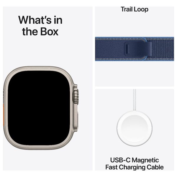 Apple Watch Ultra 3 - 49mm Natural Titanium Trail loop Blue Bright Blue - Satellite Connectivity - High Blood Pressure Alerts - M/L