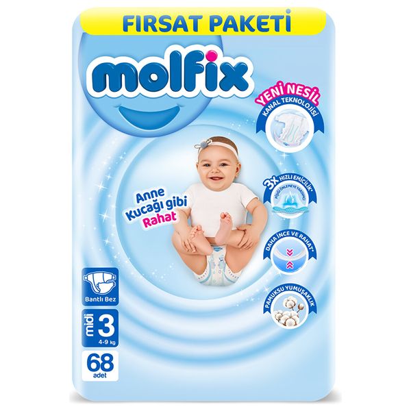  Molfix Midi Diapers for Babies - Size 3 - 68 Pieces 
