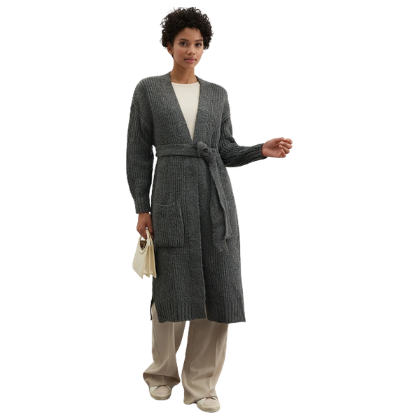Trendyol Modest Belted Long Thessaloniki Knitted Knitwear Cardigan - Gray
