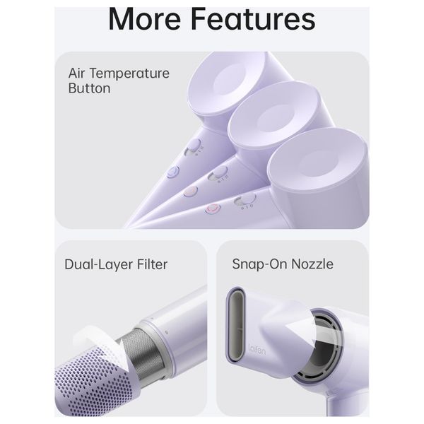 Laifen SE Lite - 1400W - Hair Dryer with Powerful Airflow and Precise Temperature Control - 2.5m - Purple + Hair Brush