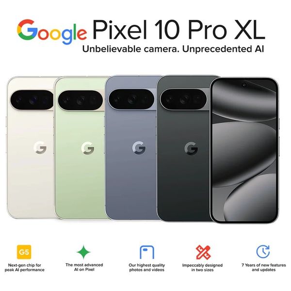 جوجل بكسل 10 برو XL 5G - شاشة 6.8 انج, 120 هرتز, LTPO OLED، HDR10+ - معالج جوجل تينسور G5 (3 نانومتر) - نظام أندرويد 16 - بطارية 5200 مللي أمبير, شحن سلكي 45 واط