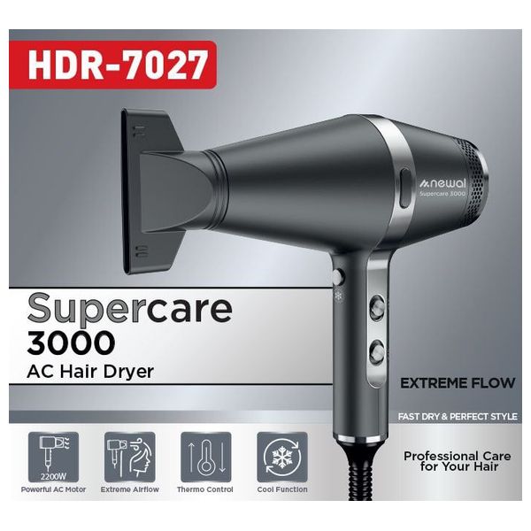 Newal Supercare 3000 AC Hair Dryer - 2200 W - 3 Heat Settings - Removable Filter - Black