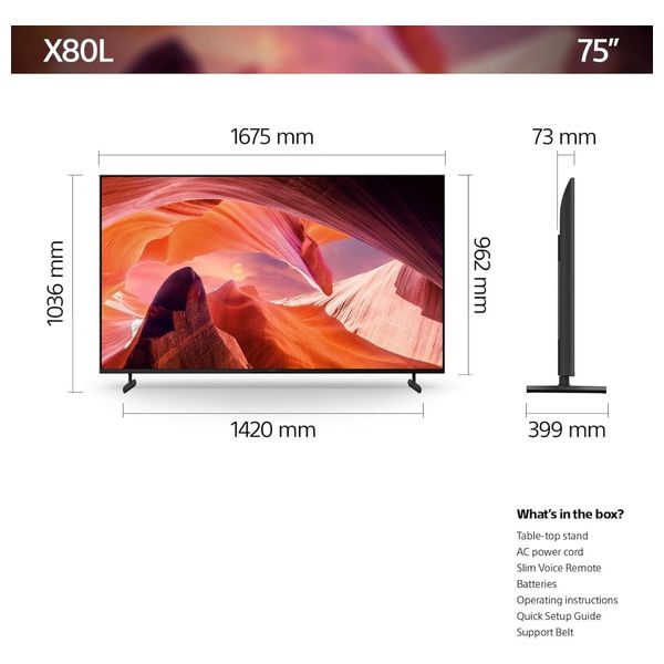  شاشة سوني 75-انج فئة X80L - سمارت - 50 هيرتز - LED - 4K - إصدار 2023 