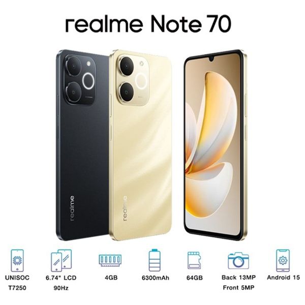 Realme Note 70 - 6.74 inch, 90Hz, HD+, 563nit - UNISOC T7250 - 6235mAh, 15W