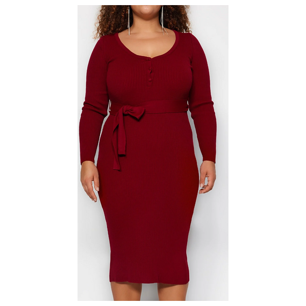 فستان ترينديول كيرف بأزرار وربطة عند الخصر - احمر