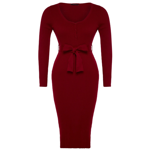 فستان ترينديول كيرف بأزرار وربطة عند الخصر - احمر