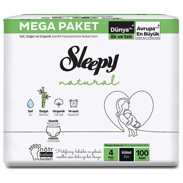 Sleepy Baby Diapers - Size 4 - 7-14 kg - with Bamboo Extract and Organic Cotton - 100 Pieces