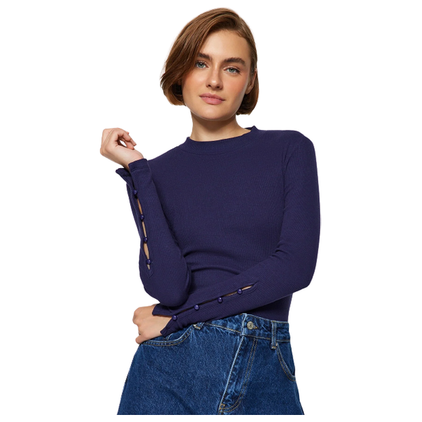 Trendyolmilla Buttoned Corduroy Stand-Up Collar Cotton Flexible Knitted Blouse - Navy Blue