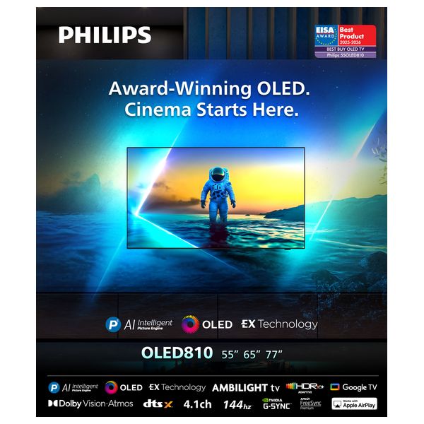  تلفزيون فيليبس 55 انج - ذكي بدقة 4K UHD - OLED- Google TV - تقنية Ambilight ثلاثية الجوانب - معالج P5 AI - هيرتز 144 - تصميم بدون حواف - منشأ اوروبي 