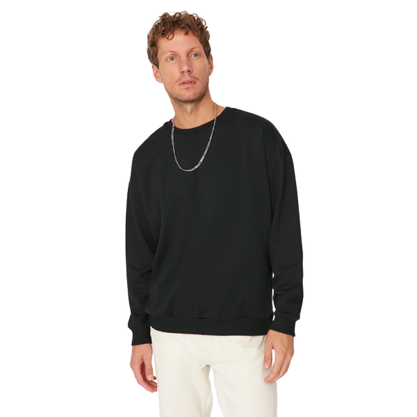 Trendyol Man Men's Regular/Normal Cut Dropped Shoulder Crew Neck Printed Sweatshirt - Black