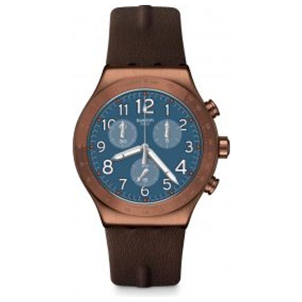  Swatch Watch YVC100 For Men - Analog Display, Leather Band - Brown 