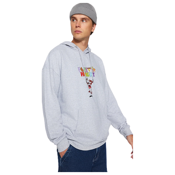 Trendyol Man Men's Tasmania Monster Licensed Oversize/Wide Cut Hooded Fleece Sweatshirt - Gray