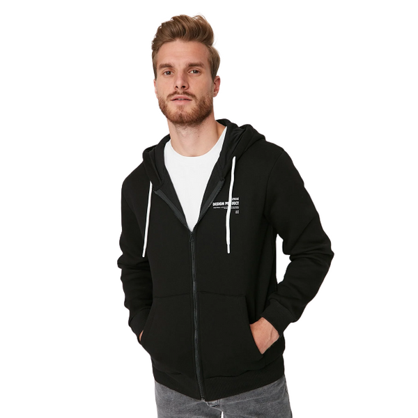 Trendyol Man Men's Regular/Normal Cut Hooded Slogan Printed Sweatshirt-Cardigan - Black