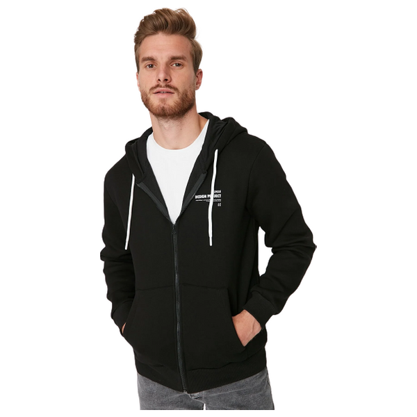 Trendyol Man Men's Regular/Normal Cut Hooded Slogan Printed Sweatshirt-Cardigan - Black