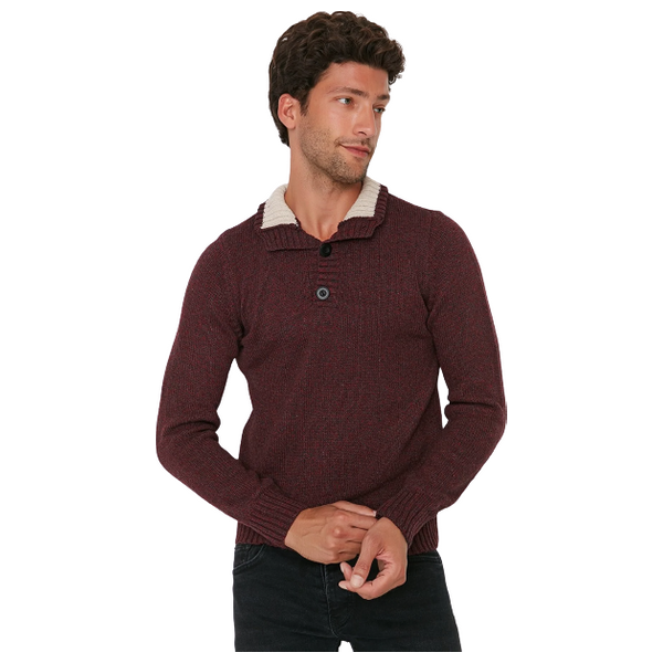 Trendyol Man Men's Slim Fit Half Fisherman Buttoned Knitwear Sweater - Burgundy