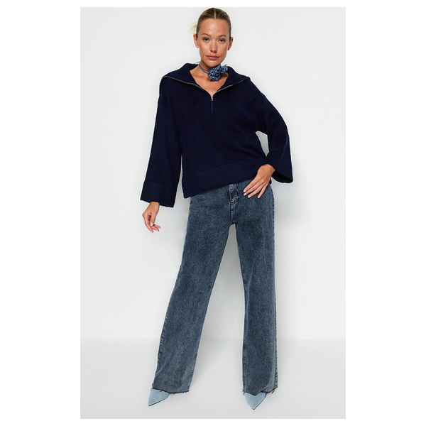 Trendyolmilla Wide Fit Soft Textured Basic Knit Sweater - Navy Blue