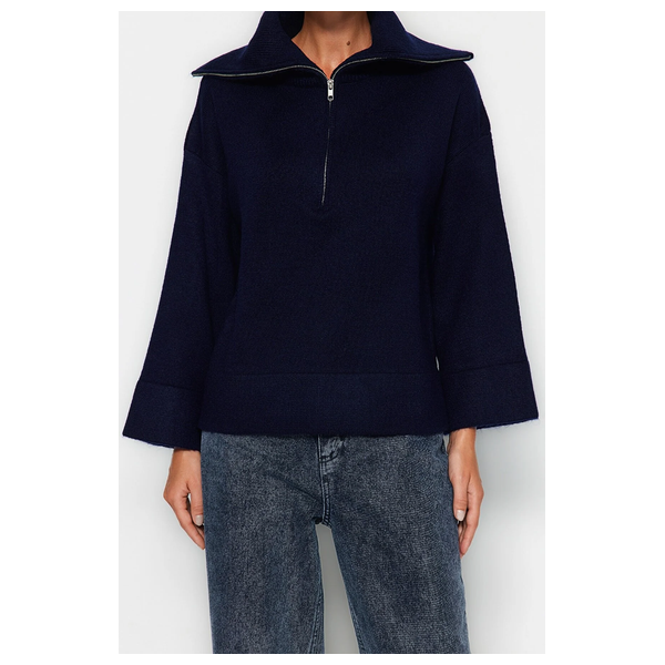 Trendyolmilla Wide Fit Soft Textured Basic Knit Sweater - Navy Blue