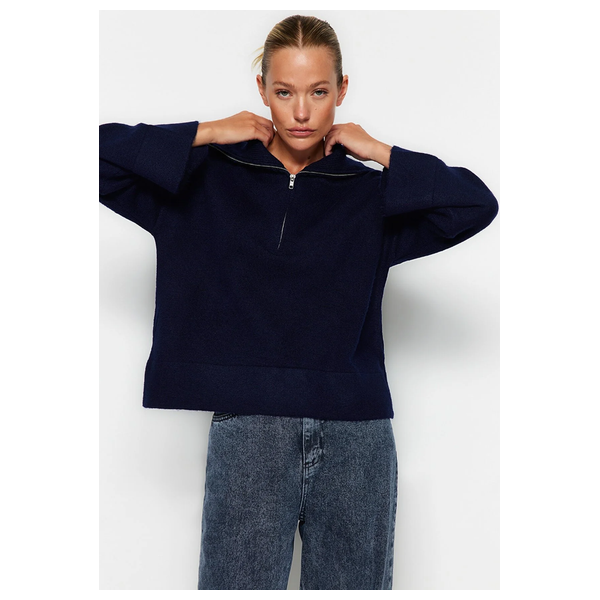 Trendyolmilla Wide Fit Soft Textured Basic Knit Sweater - Navy Blue