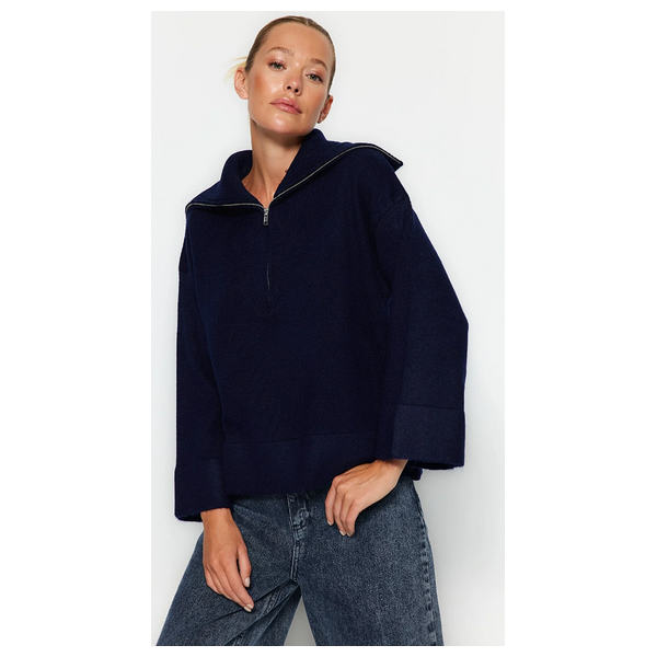 Trendyolmilla Wide Fit Soft Textured Basic Knit Sweater - Navy Blue