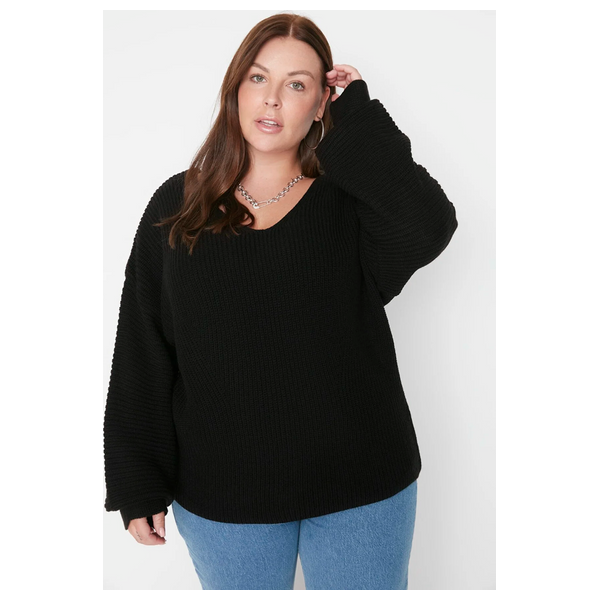 سترة ترينديول كيرف منسوجة برقبة على شكل حرف V وأكتاف منسدلة - اسود