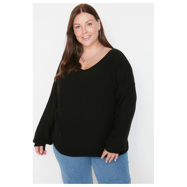 Trendyol Curve V-Neck Drop Shoulder Knit Sweater - Black