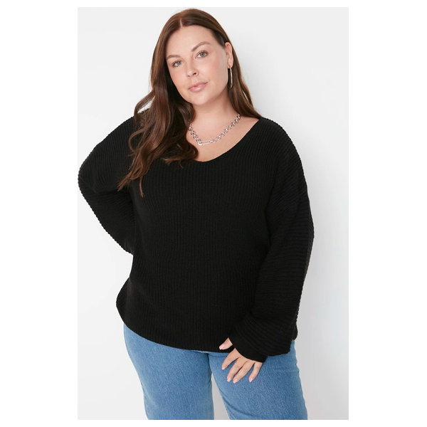 Trendyol Curve V-Neck Drop Shoulder Knit Sweater - Black