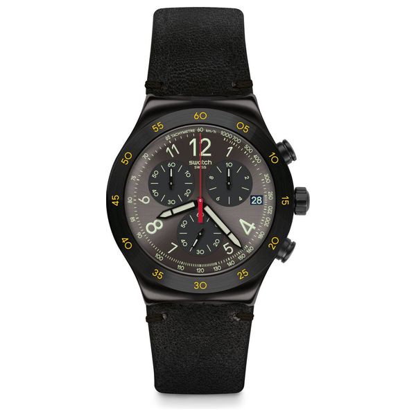  ساعة سواتج للرجال YVB410 - عرض بعقارب, سوار من الجلد - اسود 