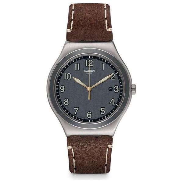 Elryan Swatch Watch YWS445 For Men Analog Display Leather Band Gray